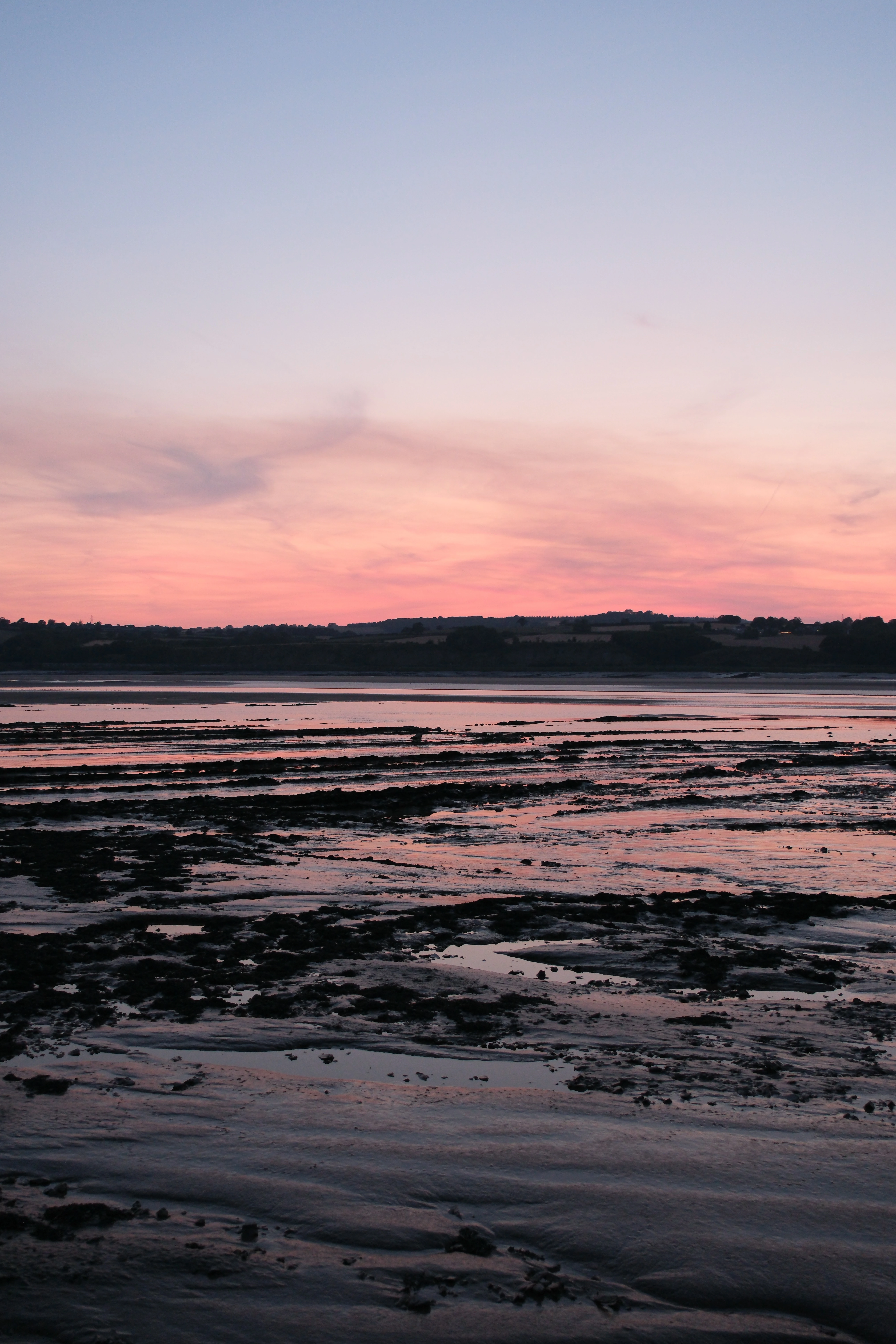 Wet mudflats catching a pink sky at sunset, ridged with channels running toward a distant shore.